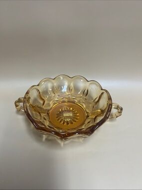 Vintage Anchor Hocking Fairfield Glass Yellow Color Two Handle Open Candy Bowl